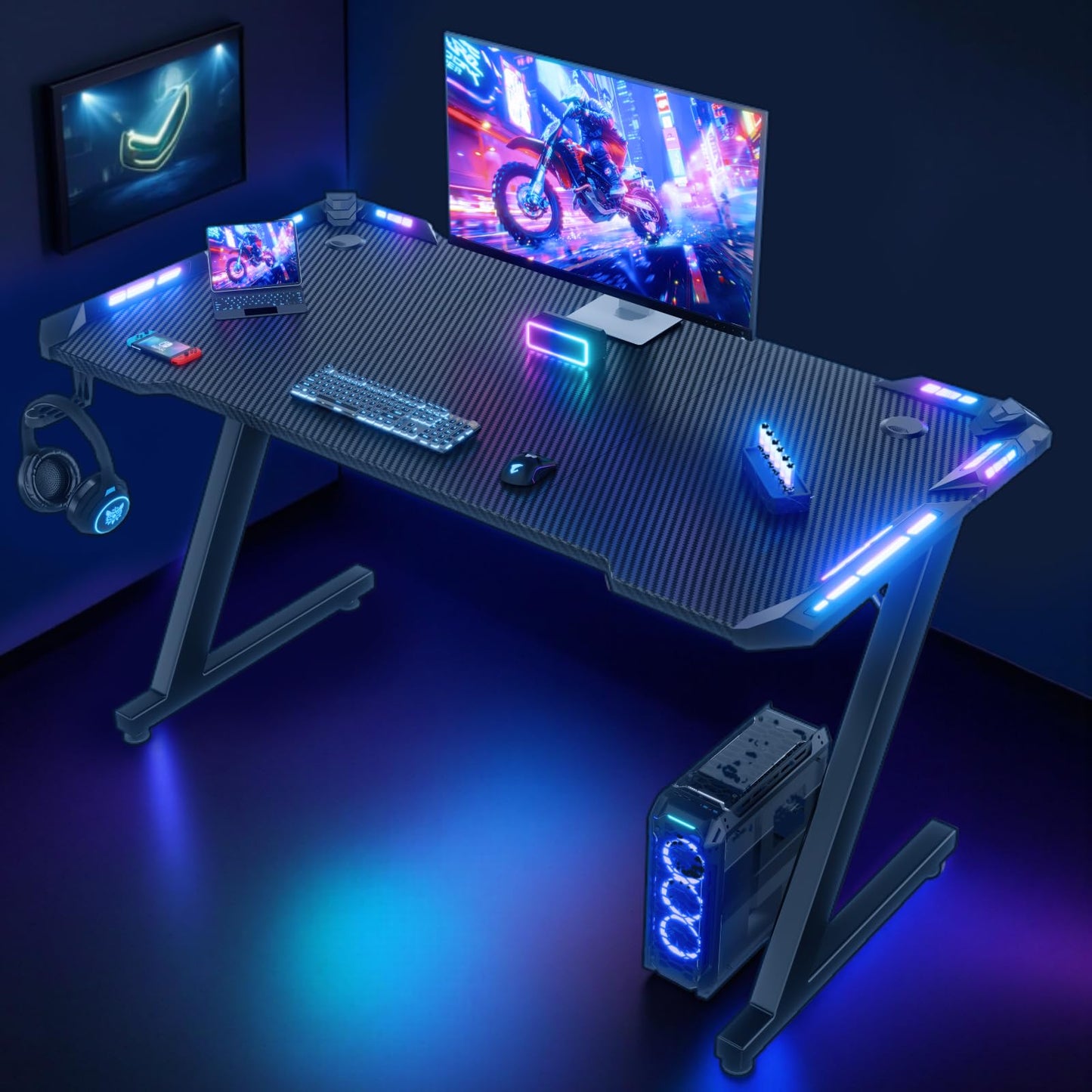 Homall Gaming Desk with LED Lights, 120 x 60cm RGB Gaming Table Z Shape, Large Computer Desk with Headphone Hook, Gamer Table for Home Office, Carbon Fibre Black