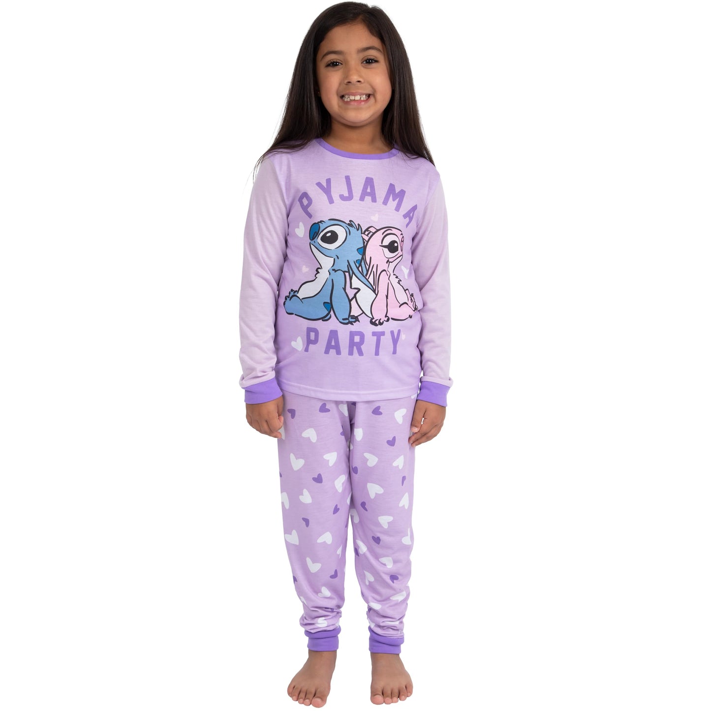 Disney Lilo and Stitch girls' purple matching pyjamas featuring Stitch and Angel, ideal for mum and daughter, size 6-7 years.