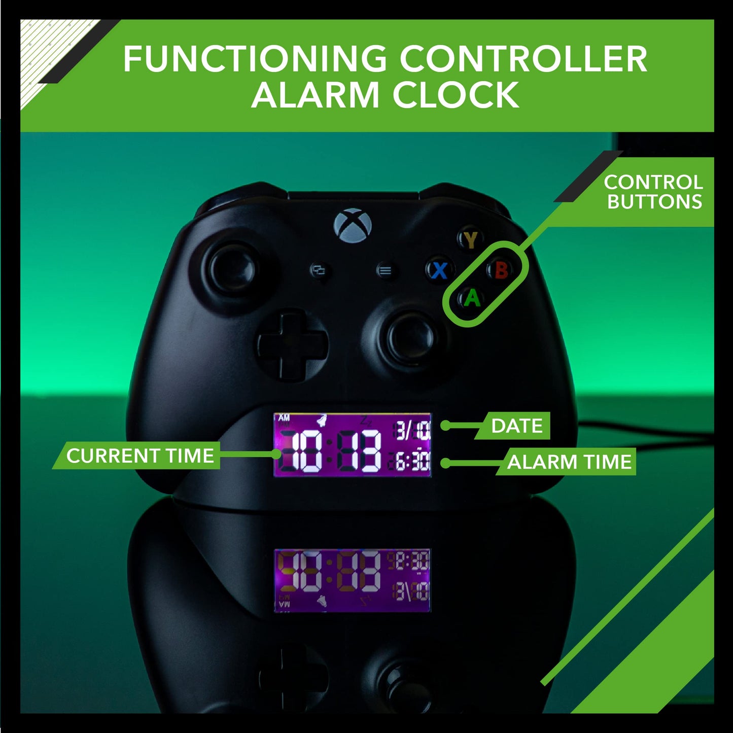 Black Paladone Xbox controller alarm clock displaying digital time and date, gaming-themed bedroom decor accessory.