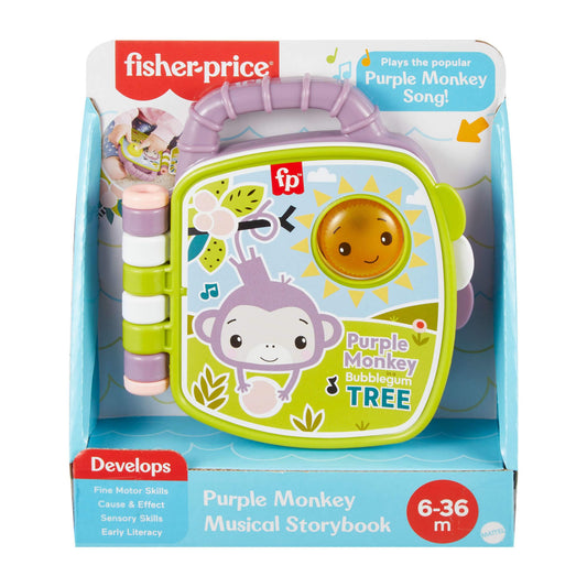 Fisher-Price Baby Toy Purple Monkey Musical Storybook with lights and sounds, designed for infants and toddlers ages 6 months and up.