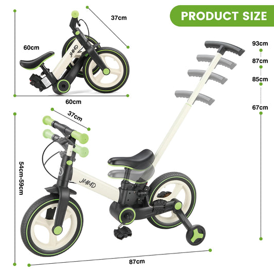 JMMD Balance Bike with Training Wheels and Pedals, Kids Push Bike with Adjustable Push Handle, Fun and Safe Toddler Tricycle for Boys and Girls with Brakes & Kickstand, Age18 Months-5 Years, Green