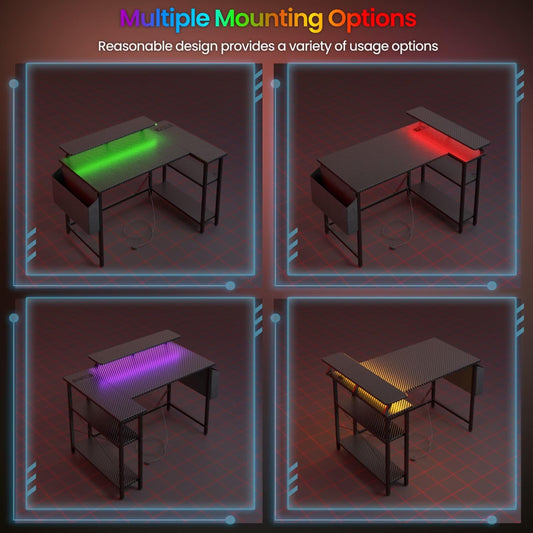 DOMSHOCT L-shaped gaming desk with LED lights, monitor stand, storage bag, adjustable shelves, in carbon black for home office use