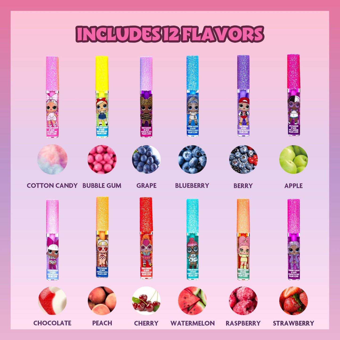 L.O.L Surprise 12 Piece Plant Based Lip Gloss set for girls, ideal for parties, sleepovers, and birthday gifts by Townley Girl.
