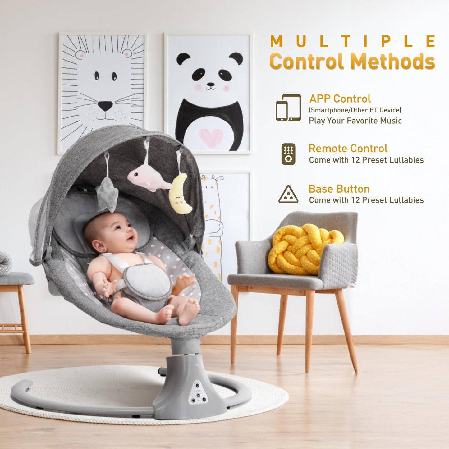 Gray Kisdream baby swing chair with Bluetooth remote, 5-speed bouncer, adjustable angles, and lullabies for newborns.
