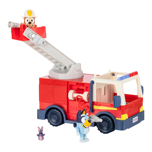 Bluey Firetruck, Firetruck, Exclusive Firefighter Bingo and Bob Bilby Figures Raise The Ladder, Spin It Around and Roll Out The Hose Includes Sticker Sheet