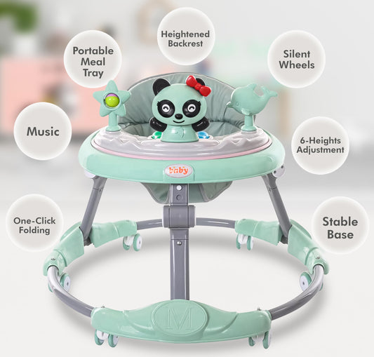 FK Sports baby walker in green with adjustable heights, activity center, toys, food tray, and silent wheels for 6-18 month-olds.