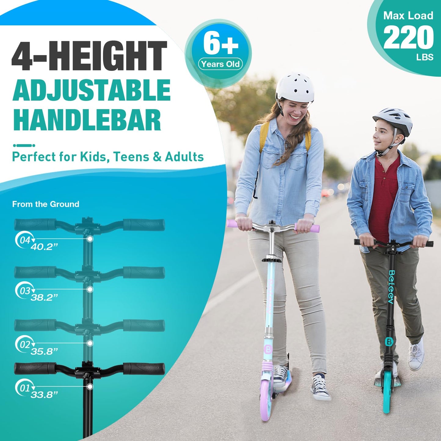 BELEEV Scooter for Kids Ages 6+, 200mm Big Wheel adult Scooters for Boys and Girls, 4 Adjustable Handlebar, Front Suspension, 2 Wheels Scooter with Carry Strap, up to 100Kg