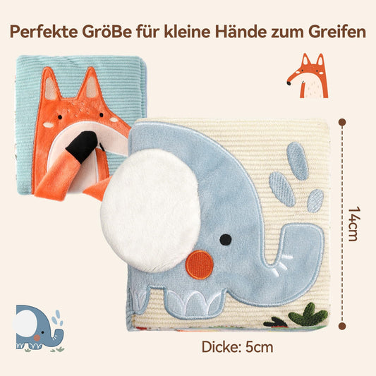 WOODEN TEETHER Baby Soft Books 0-6 Months, Touch and Feel Crinkle Cloth Activity Books - Sensory Books Toy with Mirror for Newborns 0 3 6 12 Months, Car Seat Gifts for Infants Girls Boys