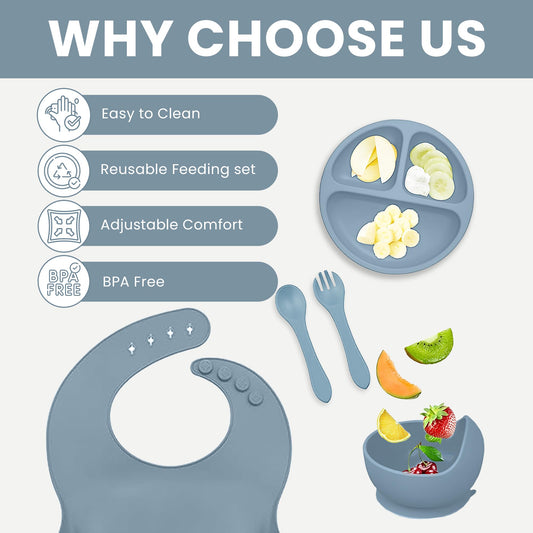 Indique Baby Weaning Set - 11 Pcs Silicone Baby Feeding Set with Suction Plate, Weaning Kit with Adjustable Bib, Fork, Spoon, Fruit Feeder & Toothbrush – Ideal Weaning Set Gift (Blue)