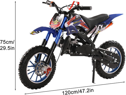 tekrabea Kids Dirt Bike, 49cc 2-Stroke Petrol Power Motocross Bike, Pocket Rocket Bikes with Dual Disc Brakes, Petrol Bikes for Kids Ages 6-12, Racing Max Speed 40km/H (Blue)