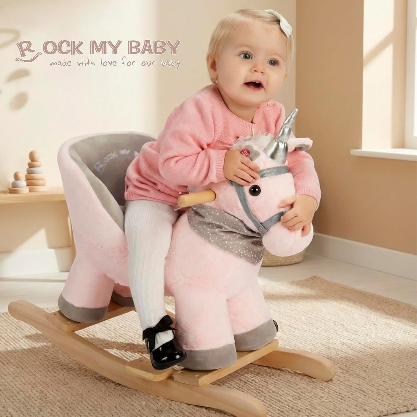 Rock My Baby Plush Rocking Horse - Soft Stuffed Body,Safety Seat Chair, Wooden Rockers, Music Button – Toddler Ride-On Toy for Ages 1–3 (pink)
