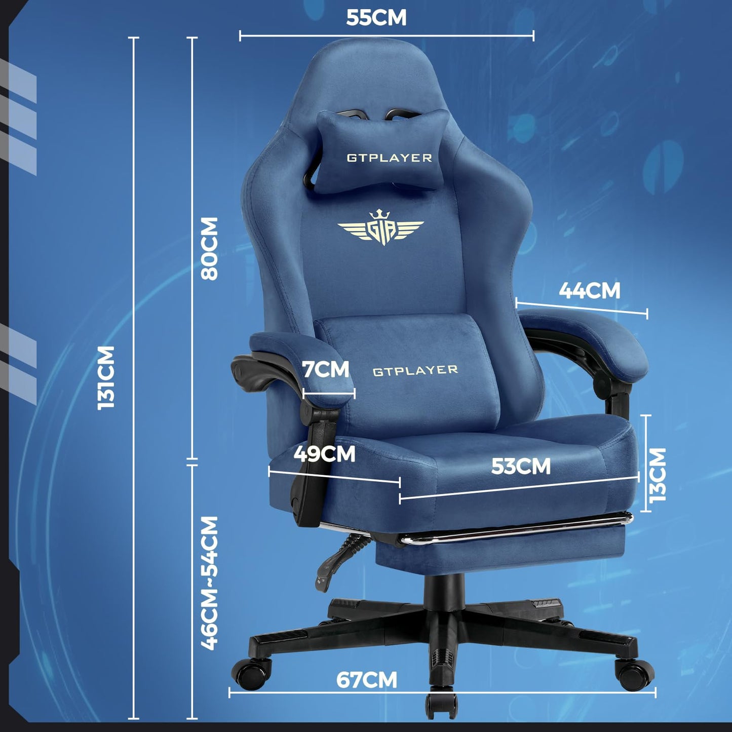 GTPLAYER blue ergonomic gaming chair with breathable fabric, adjustable backrest, extendable footrest, and ergonomic design.