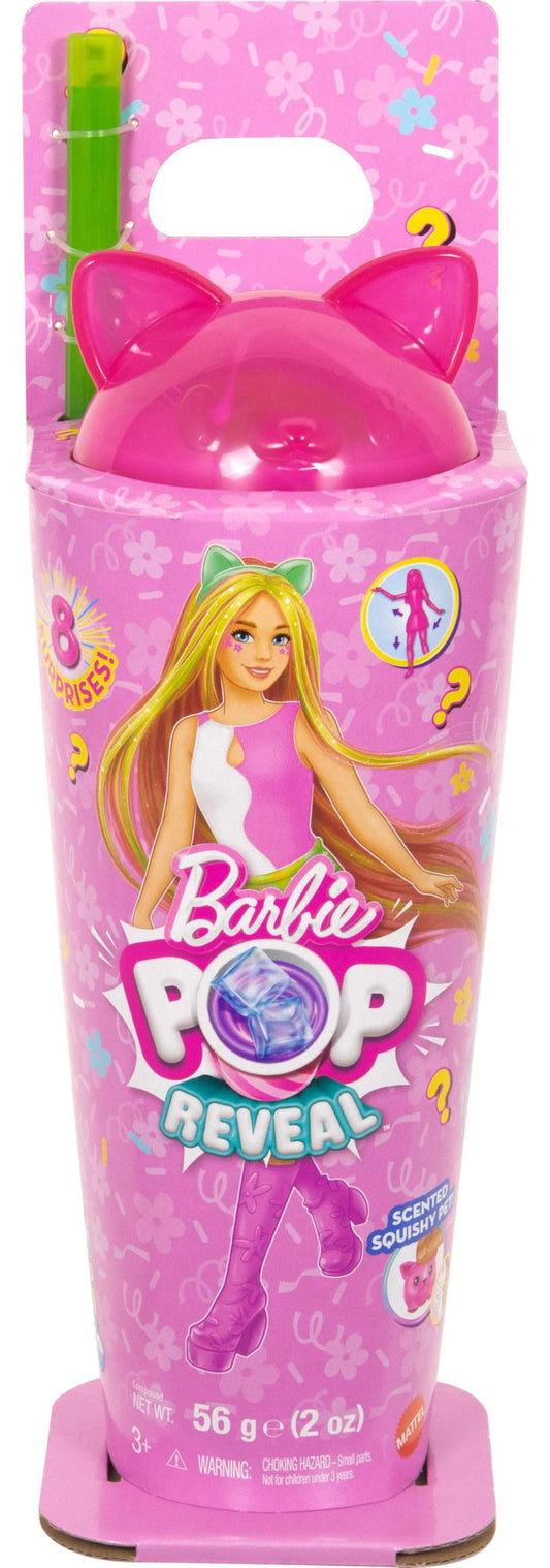 Barbie Pop Reveal Shakes Series doll with scented kitten, accessories, and color-changing surprises in a vibrant setting.