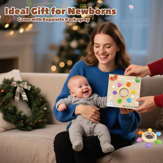 SENBSLAN silicone baby rattle teether, colorful sensory design for infants 0-12 months, BPA-free and safe for teething.