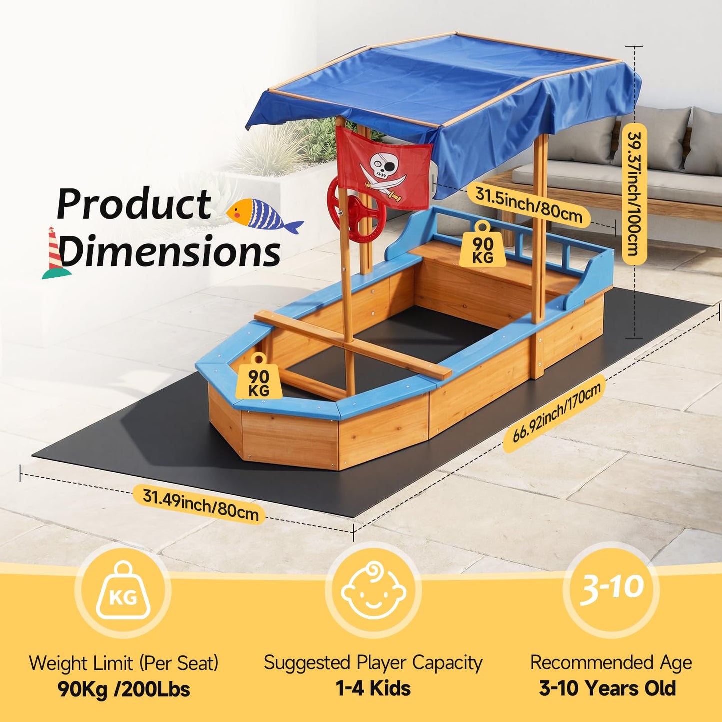 Warmiehomy Sand Pit With Lid For Toddlers Age 3-10 Wooden Kids, Pirate Ship Sand Boat With Canopy Liner Flag, Shell SandPit Outdoor Kids For Garden Backyard Creative Fun Gift For 3+ Years