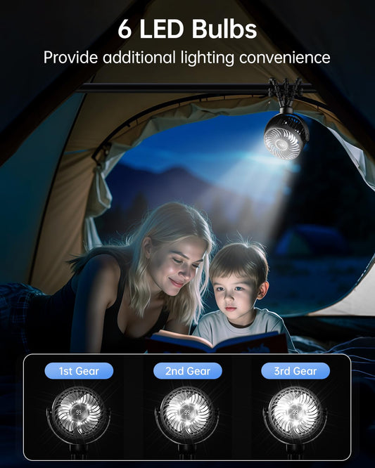 Black Bearwind mini portable pram fan with clip, digital display, night light, 4 speeds, and 360° rotation for strollers and car seats.