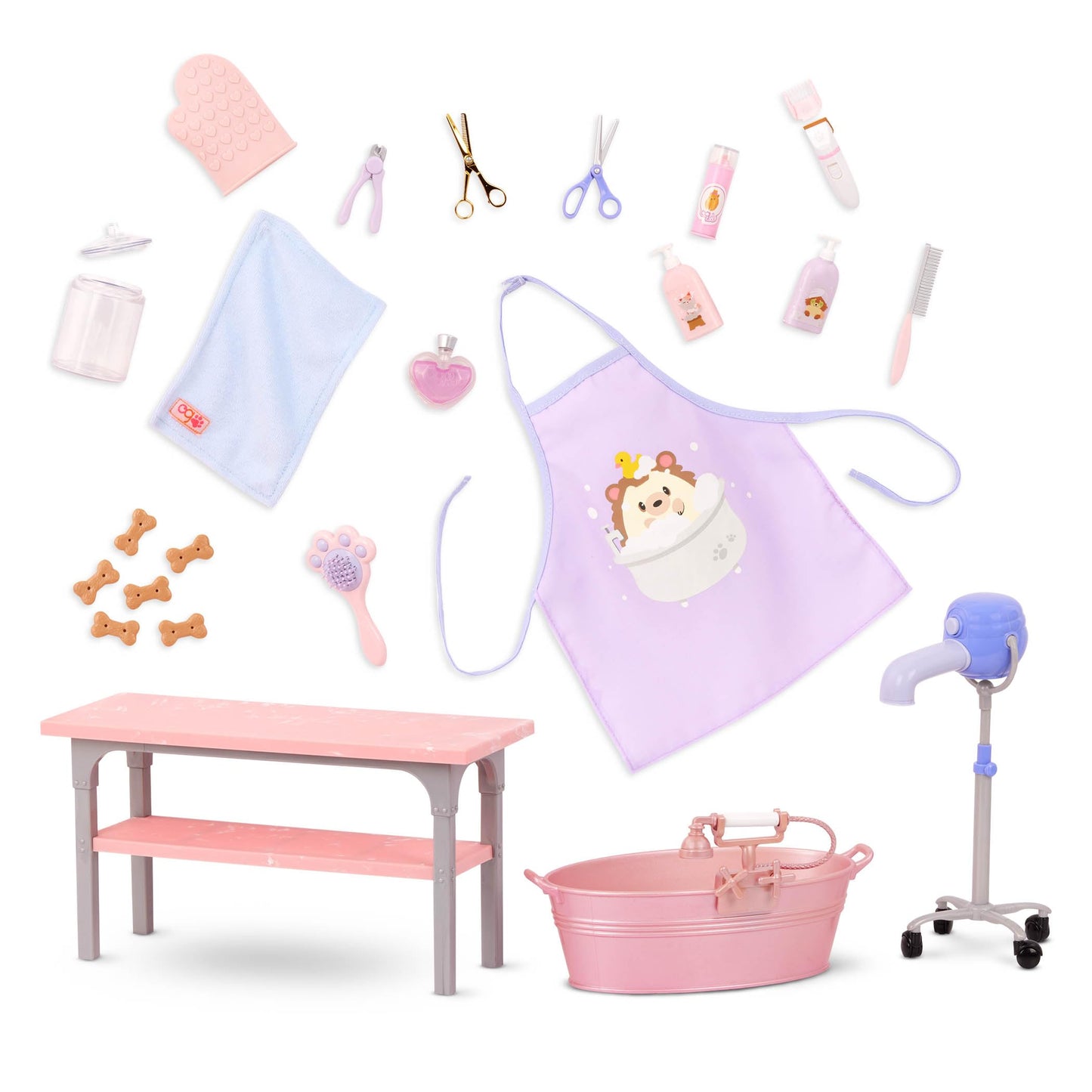 Our Generation Scrub & Style Pet Grooming Set with realistic grooming tools and an animal bathtub for pretend play.