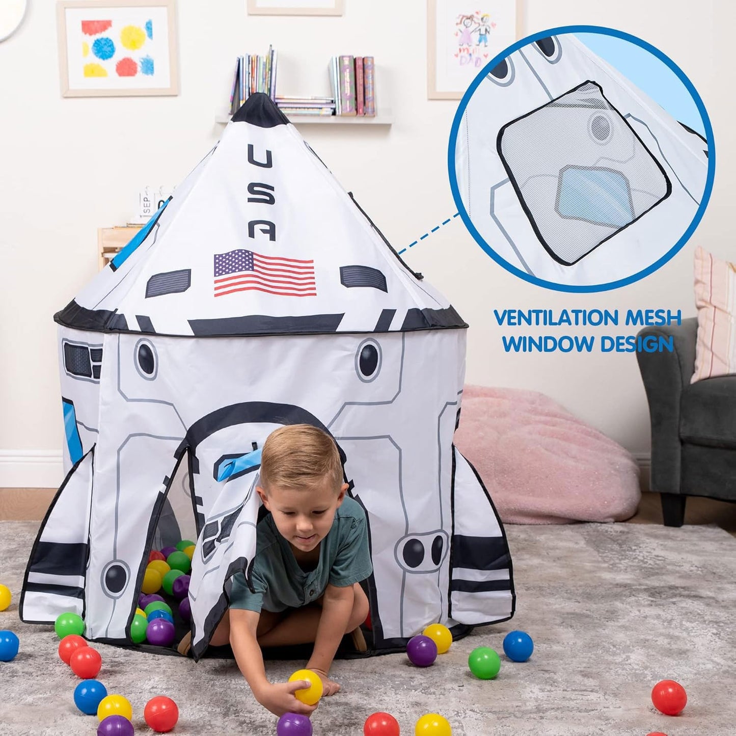 Joyin kids rocket ship play tent for indoor and outdoor use, featuring a colorful spaceship design for children aged 3 to 8.