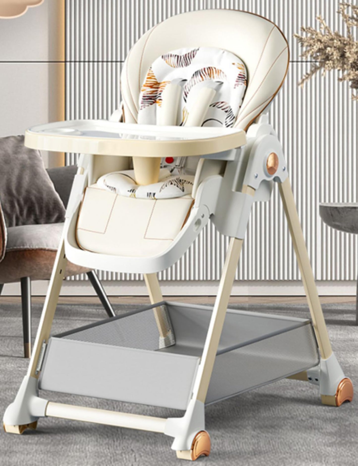 Magic ZC baby high chair with adjustable height, reclining positions, foldable design, double trays, wheels, and white finish.