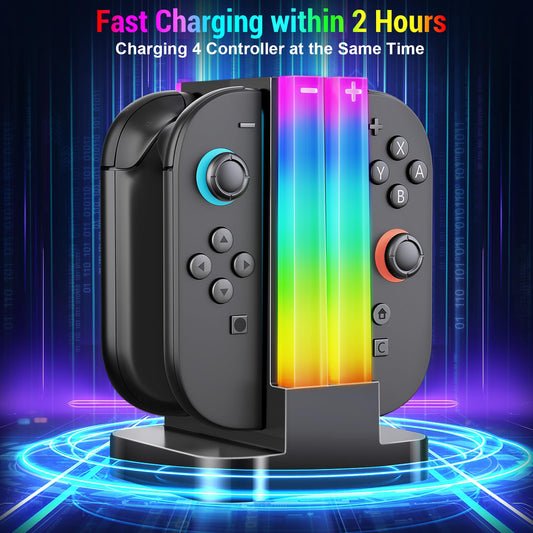 Wenocally Switch 2 Controller Charging Station Compatible with Nintendo Switch 2 for Joy-Con and OLED Model Controller with 6 RGB Light Modes and Timer Function, Charging Station Bag Storage