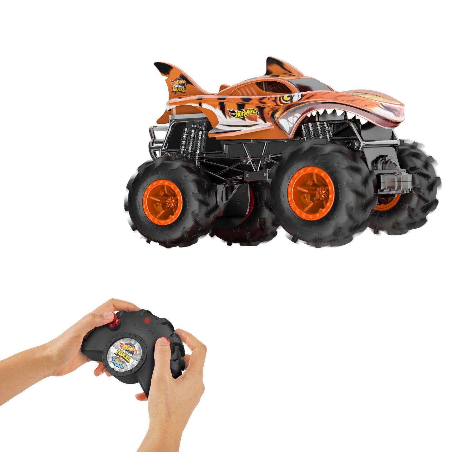Hot Wheels Monster Trucks Remote Control Car, HW Tiger Shark in 1:24 Scale, All-Terrain Capabilities with Terrain Action Tires, Full Function RC, HNV03