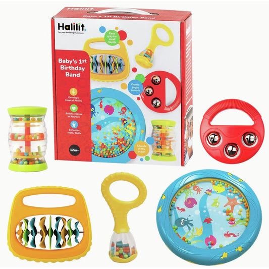 Halilit Baby's First Birthday Band Musical Instrument Gift Set. Includes Ocean Drum, Baby Maraca, Ring My Bell, Rainboshaker & Clip Clap. Music Sensory Baby Toy. Suitable for Boys & Girls 12 Months +