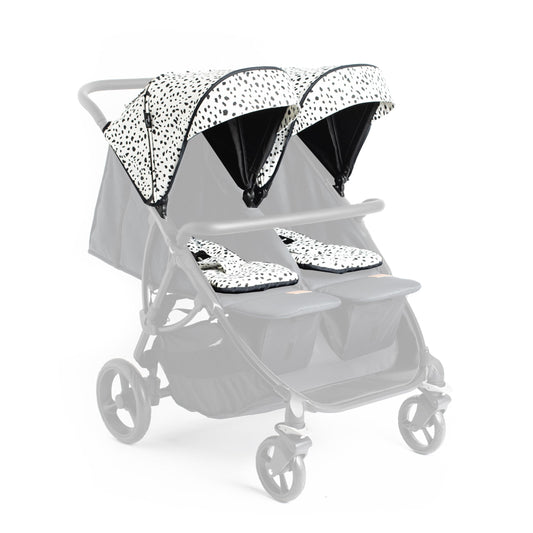 Roma Gemini Double Stroller Colour Pack- Dalmatian -Compact Side by Side for Newborns, 69cm Wide, 22kg Per Seat, Magnetic Harness, Easy Set Up, Puncture Proof Wheels, 102cm Handle, Rain Cover Included