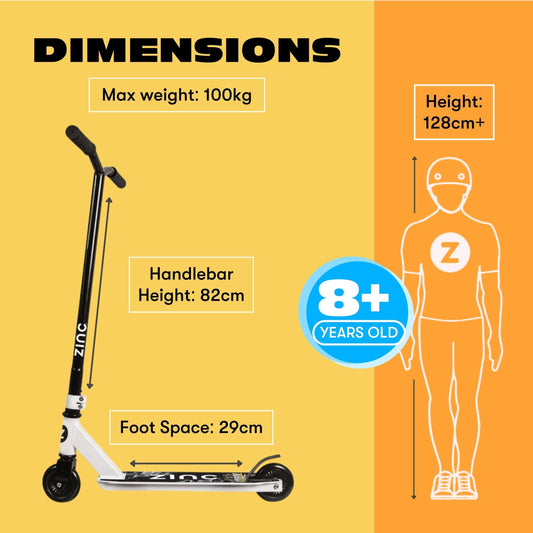 Zinc Backbone Stunt Scooter for Kids Ages 8+ – Lightweight Pro Scooter with 360° Handlebar Spin, Solid Steel Frame, Double Clamp, ABEC 7 Bearings, Rear Brake, Trick Scooters for Boys & Girls, White