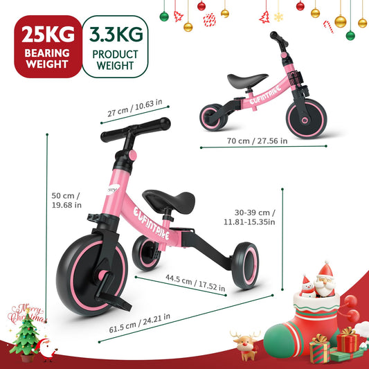 besrey 5 in 1 Toddler Bike for 10 Month to 4 Years Old Kids, Toddler Tricycle Kids Trikes Tricycle, Gift & Toys for Boy & Girl, Balance Training, Removable Pedals - Pink