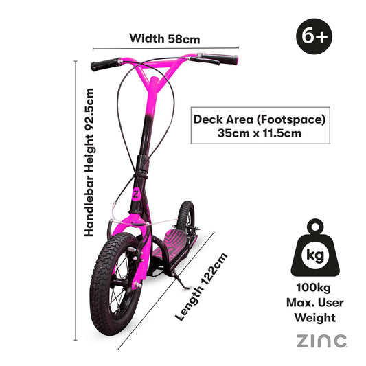 Zinc Radikal BMX Scooter for Kids Ages 6+ – 12 Inch Big Wheel Stunt Scooters with 360 Degree Handlebar Spin, Front & Rear Brakes, Steel Frame, Off-Road Tyres, Pink