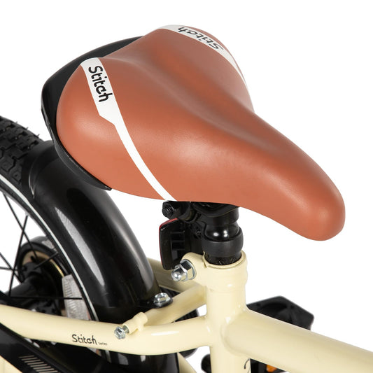 STITCH 16-inch kids bike in beige with stabilizers, designed for boys and girls aged 4-7, showcasing 16" wheels.