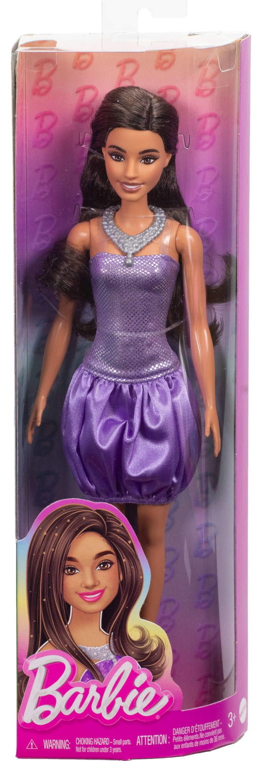 Barbie Fashionistas Doll #234 with brown hair in a sequined purple bubble dress and silvery necklace and heels.