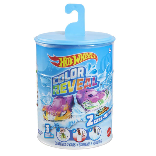 Two Hot Wheels toy cars in assorted styles, featuring colour shifters and water reveal effects for kids ages 3 and up.