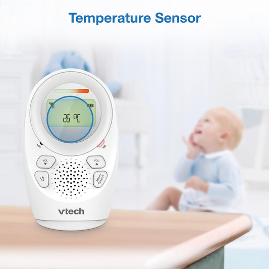 VTech DM1211 audio baby monitor with long range, 2-way talk, noise level display, temperature sensor, soothing sounds, parent unit clip