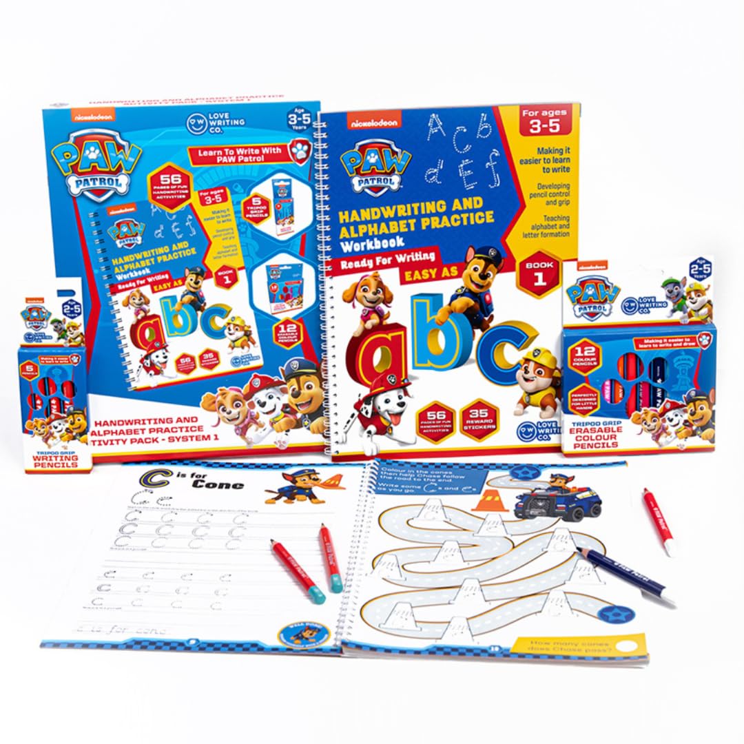 Love Writing Co. The Ultimate PAW PATROL Learn To Write The Alphabet Bundle -Children Age 3-5 - My First Handwriting and Letter Formation Activity Book, Tripod Grip Pencils and Colour Pencils