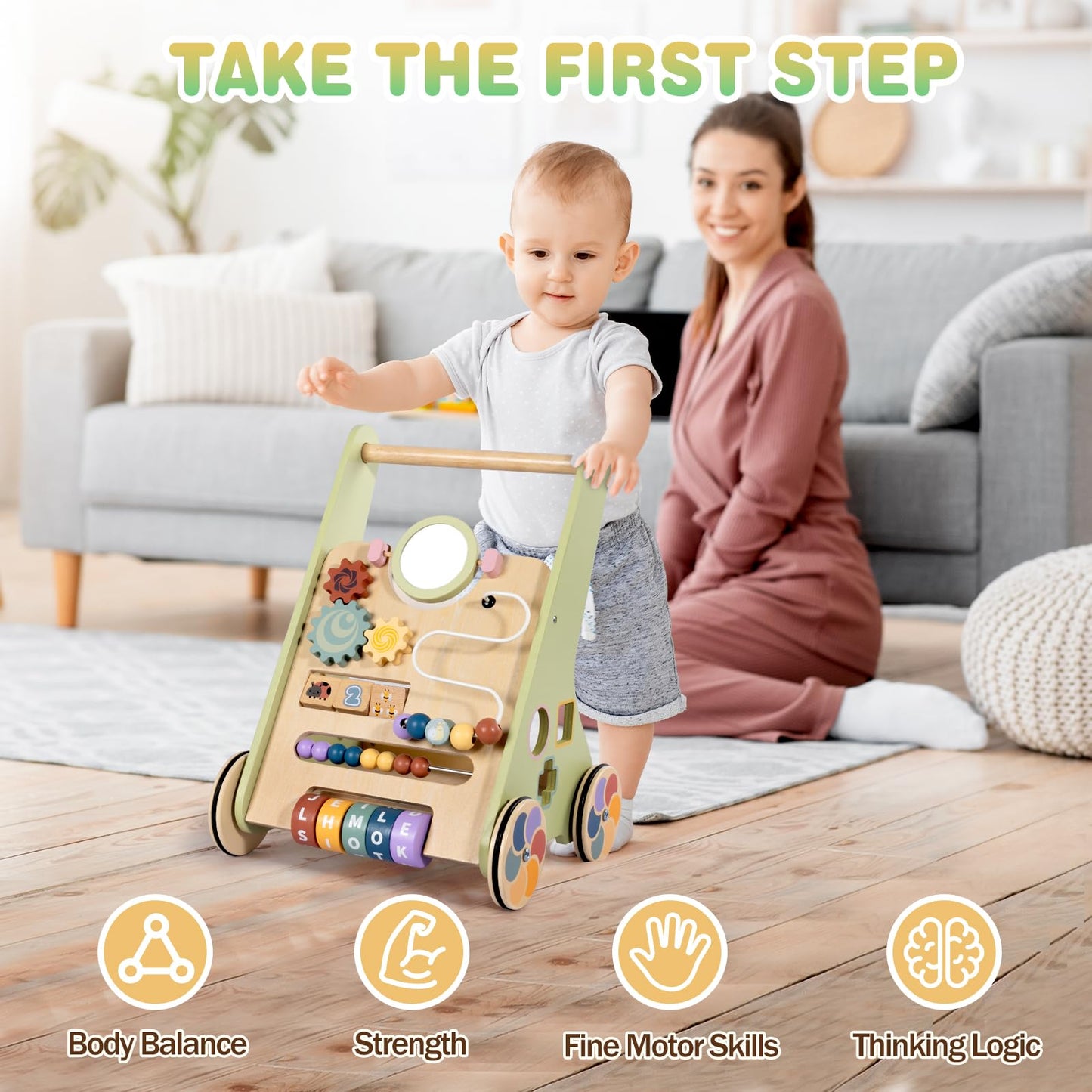 LOL-FUN wooden baby walker for toddlers 6-12 months, 10-in-1 push along activity center with speed control for 1-year-olds