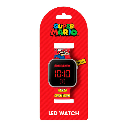 Super Mario LED watch with printed strap and digital display, featuring colorful Super Mario graphics and a sleek design.