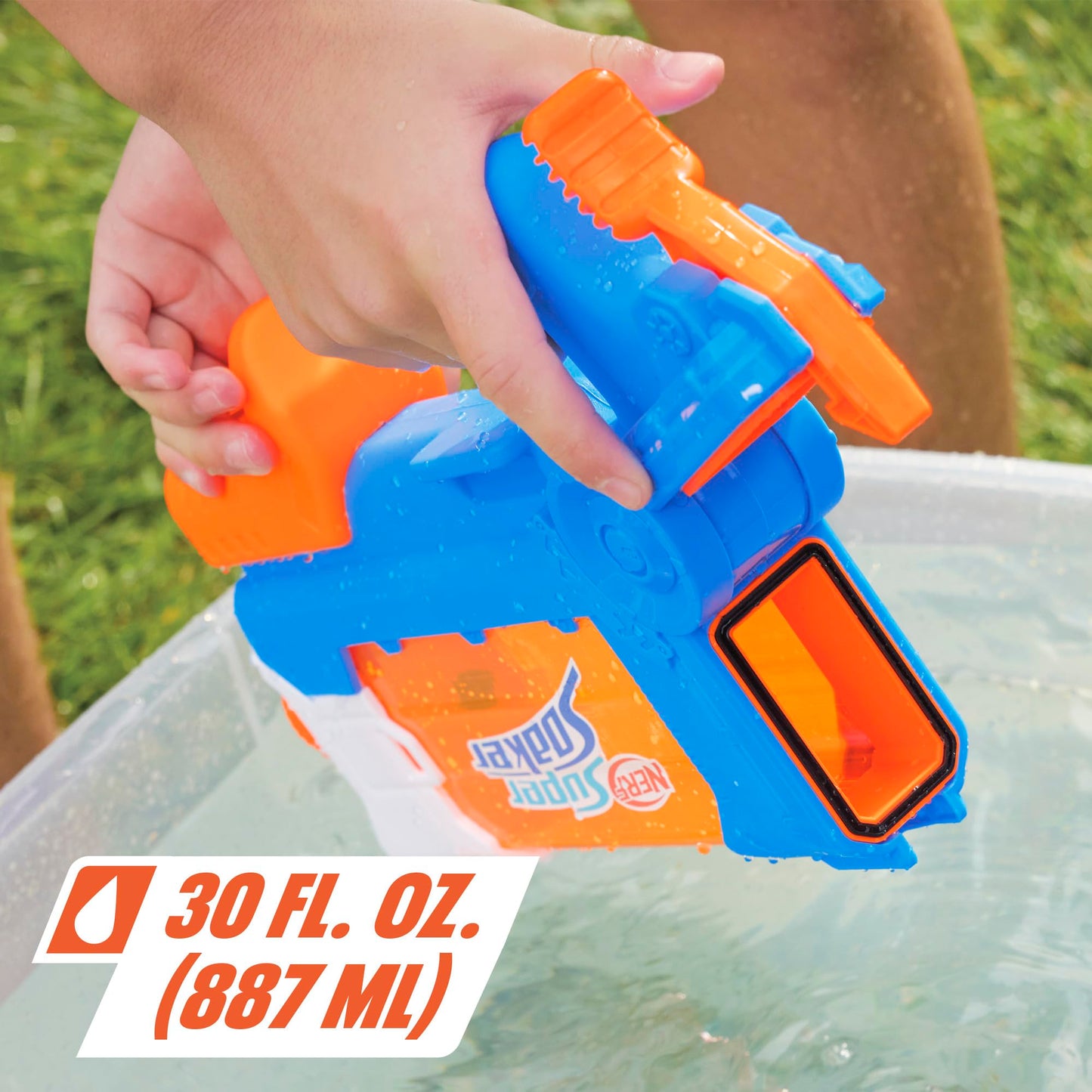 Nerf Super Soaker Flip Fill water blaster in multicolor with 887ml capacity, ideal for garden water toy fun.