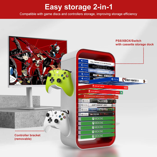 Redlution Game Storage Tower for PS5/PS4/Xbox One/Xbox Series X/S/Switch Game Cases Blu-Ray Disks Organizer, Stores 18 Game, with 4 Controller Holders (Red)