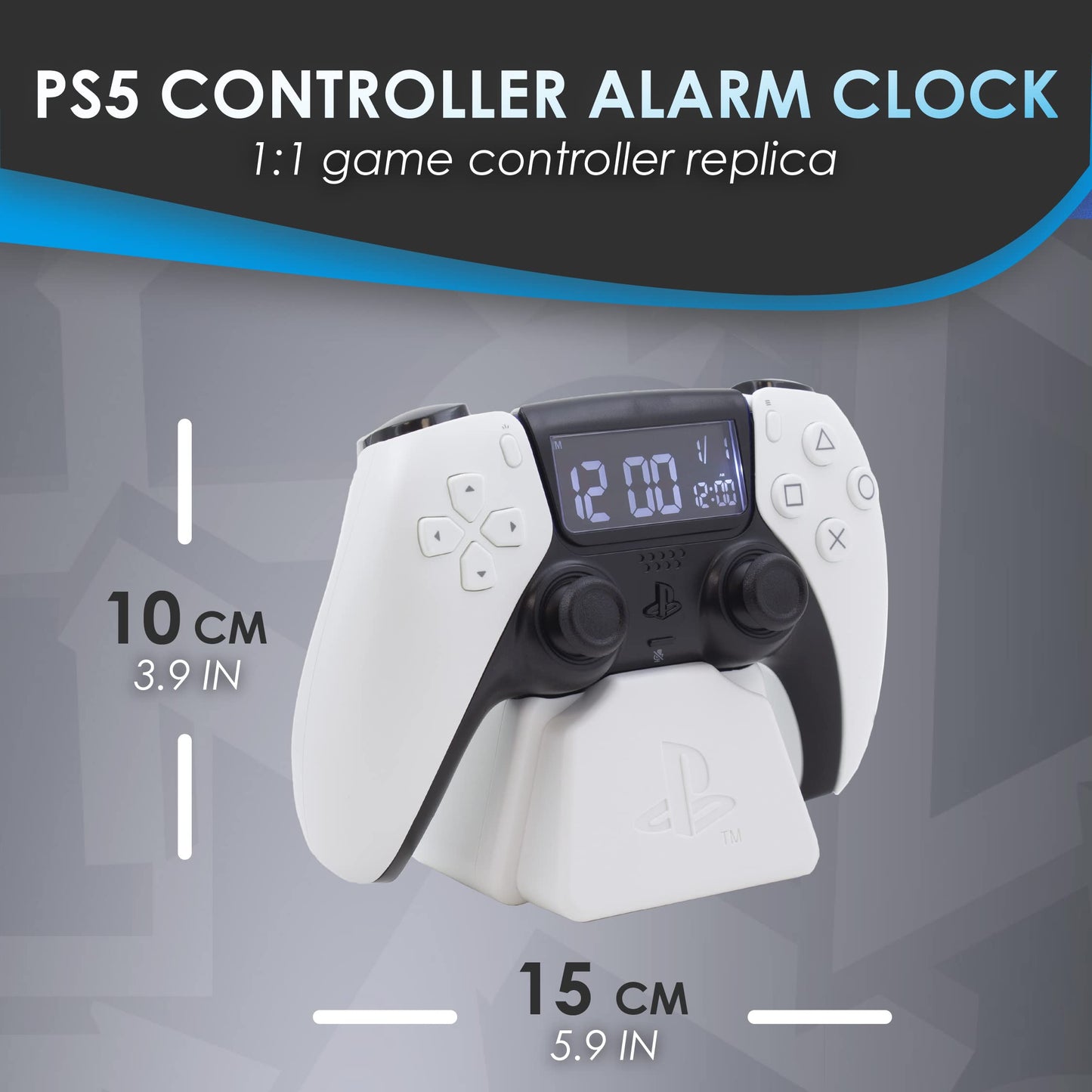 White PlayStation PS5 controller alarm clock by Paladone, featuring digital display with date, perfect for gamers and bedroom decor.