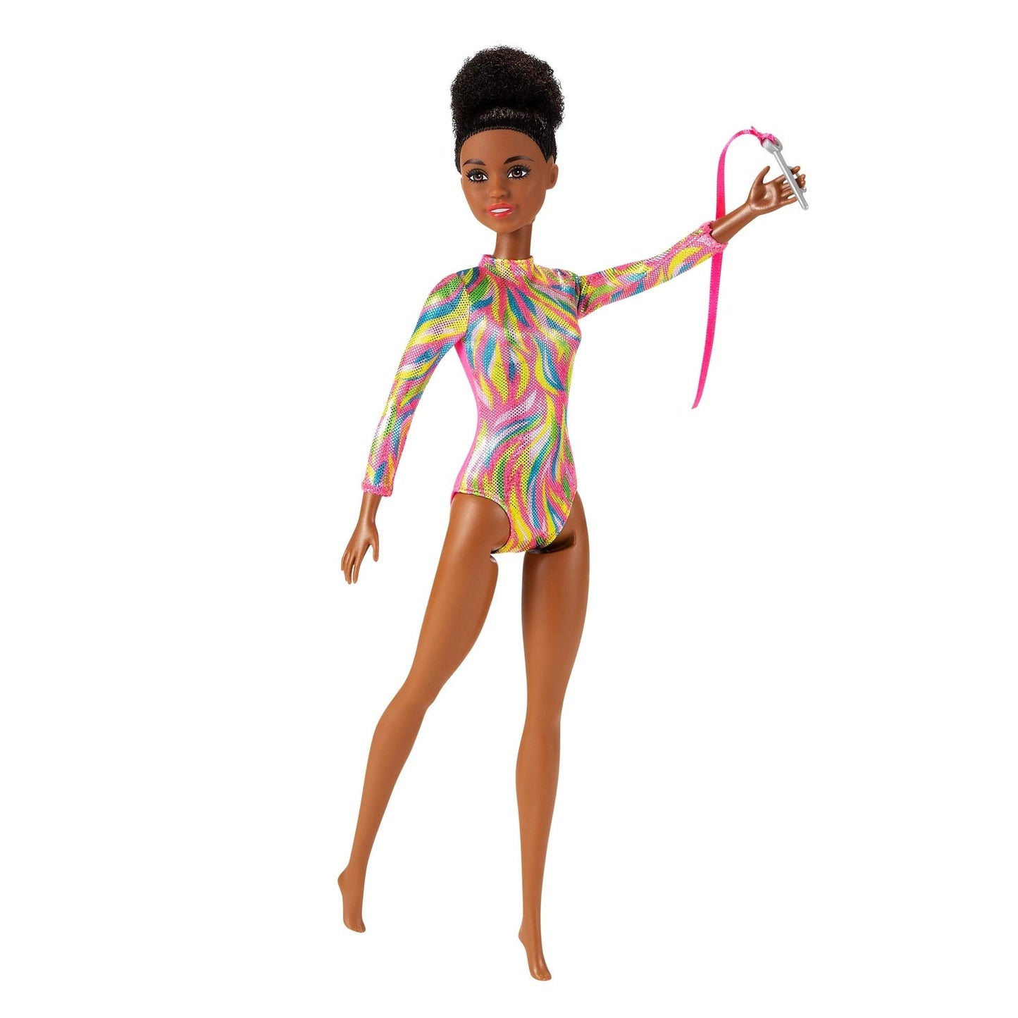 Brunette Barbie Rhythmic Gymnast doll in a colorful leotard with accessories, standing at 12 inches tall.