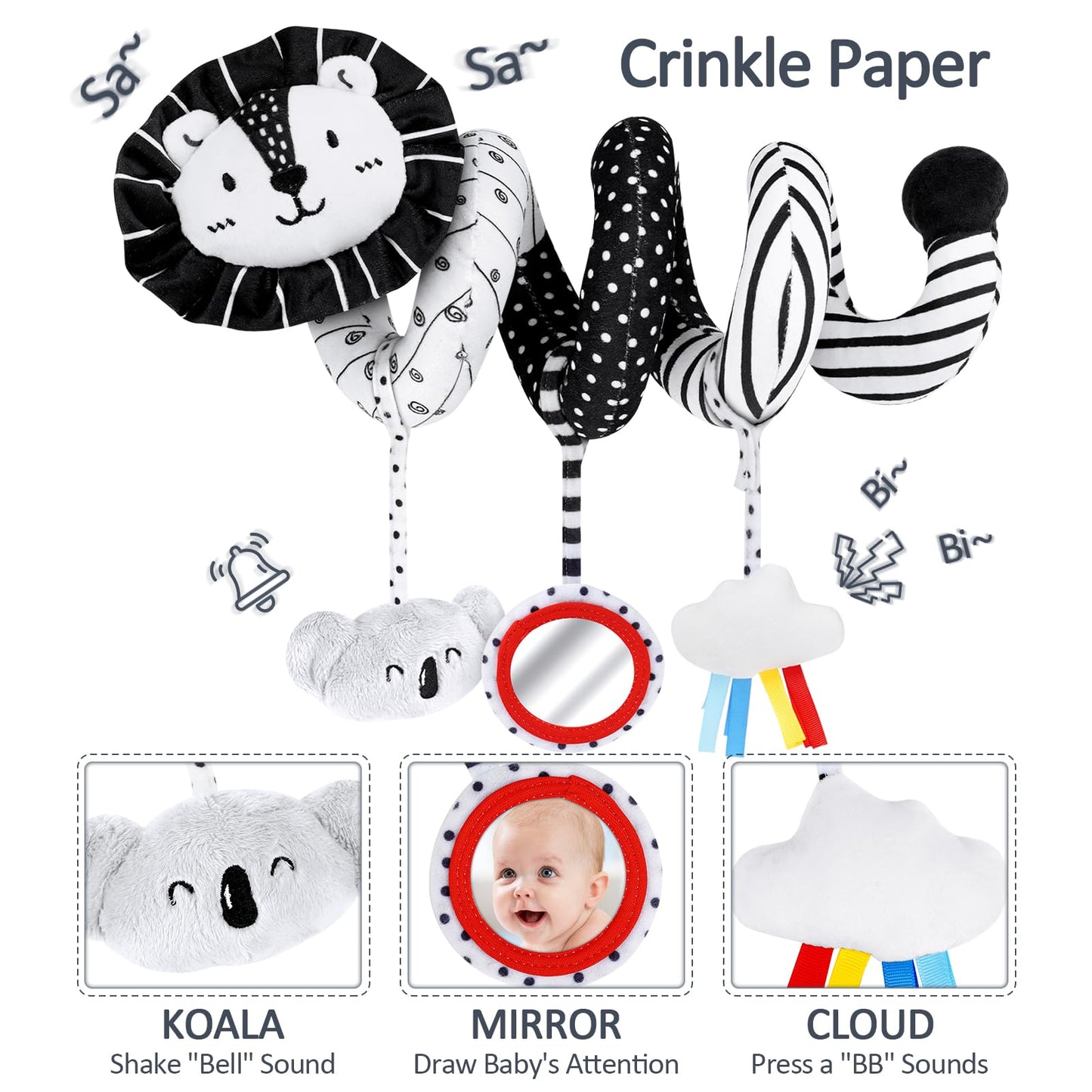 Joyreal Spiral Pram Toys for Babies - Black and White High Contrast Newborn Toy, Car Seat, Rattles, Sensory Cards, Baby Books 0-12 Months Gifts for Girls Boys