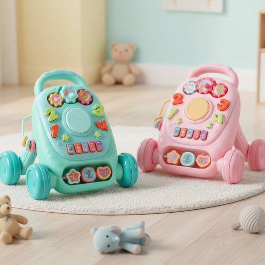 Blue PEBBLE HUG multifunctional baby learning walker with interactive lights, music, and sturdy sit-to-stand design for boys and girls.