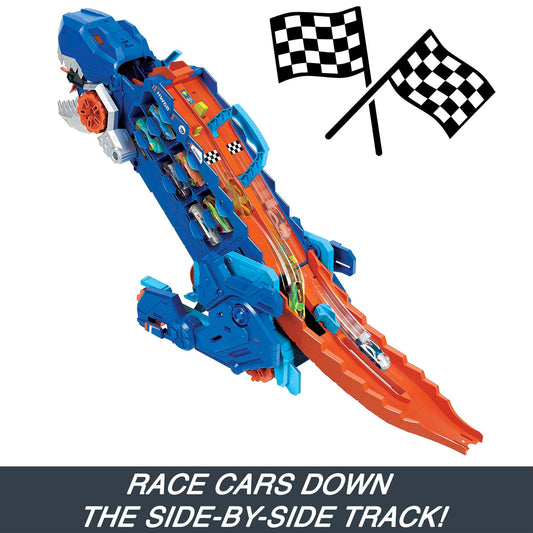 Hot Wheels City Toy Car Track Set, Ultimate T-Rex Transporter, Hauler Transforms into Stomping Dino with Race Track, From Netflix Series “Let’s Race”, HNG50