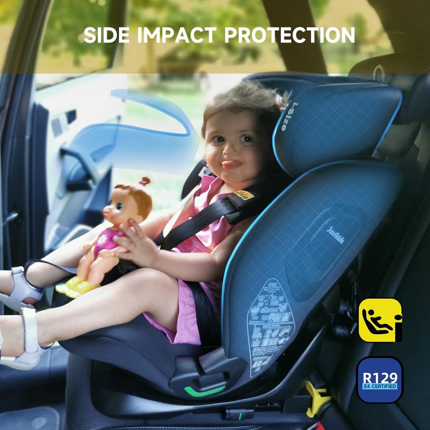 Jovikids Car Seat, i-Size, Suitable for Child 76 to 150 cm (Approx. 15 Months to 12 Years), Group 1 2 3, ECE R129, Adjustable Height and Tilt, Top Tether, Side Protection, Baby Car Seat with ISOFIX