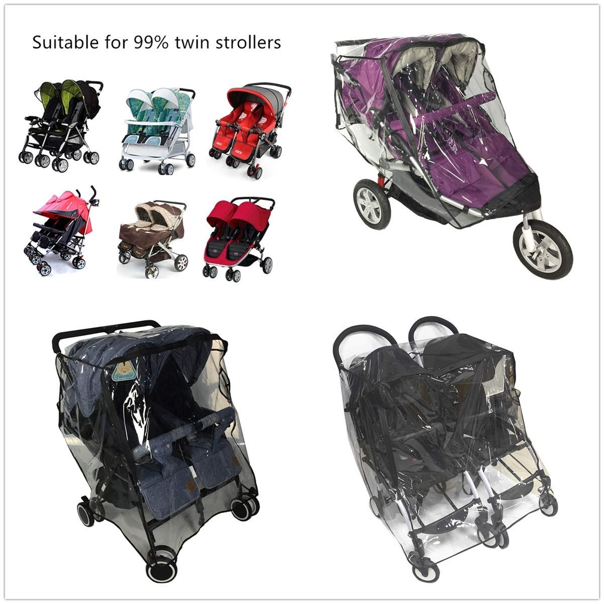 Universal Twins Stroller Raincover Double Raincover for Pushchair Side by Side Baby Stroller rain Cover for Pushchair Pram Buggy Rainproof Dustproof Windproof Rain Cover with Canopy and Zipper Door