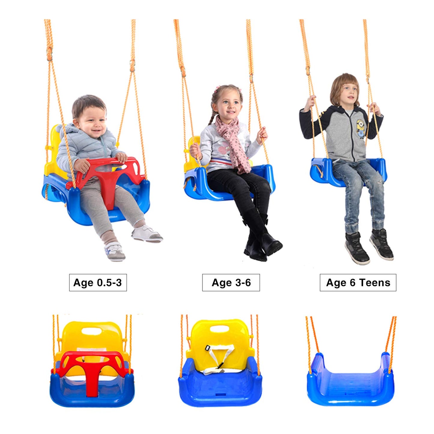REDCAMP 3-in-1 Ajustable Toddler Swing Seat,High-Back Baby Swing Chair with Safety Strap,Ideal for Garden Indoor Outdoor Playground,6 months - teens,Blue