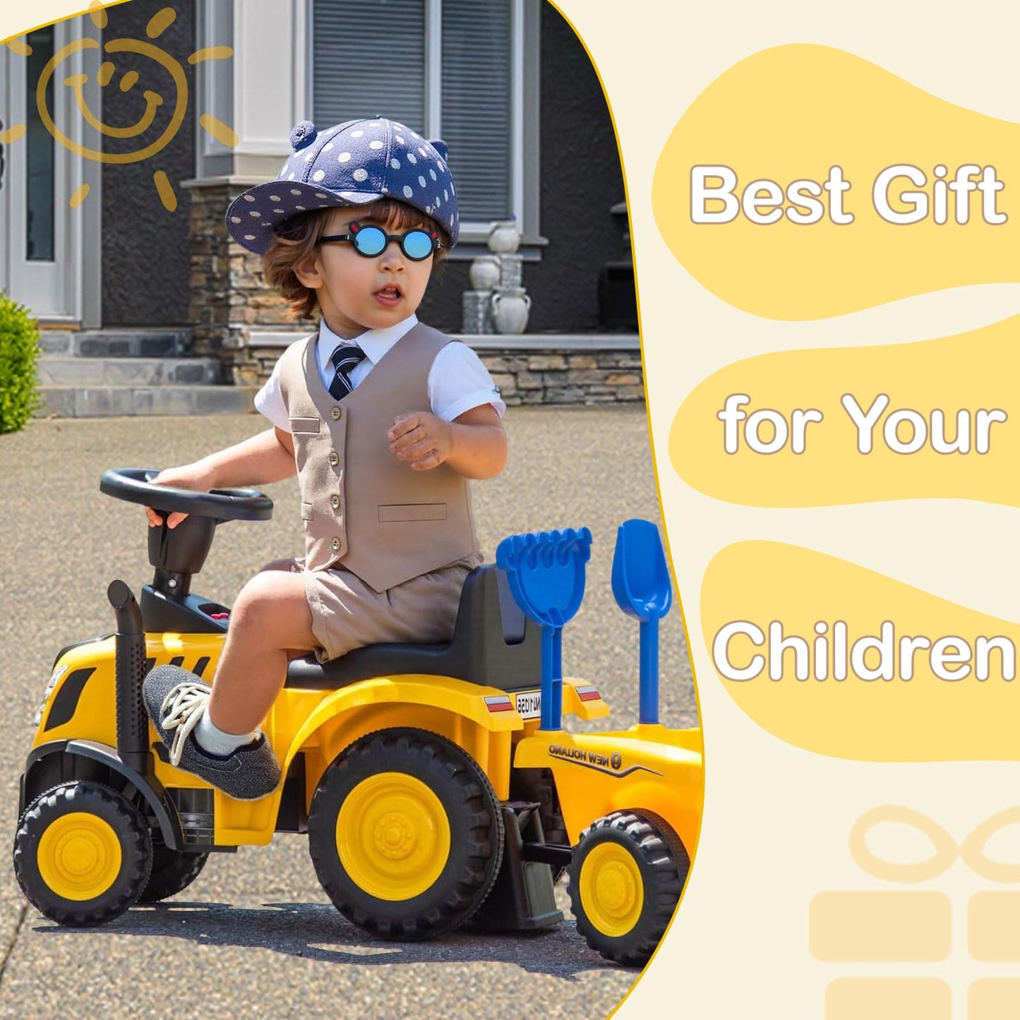 NINODOVAE Ride On Tractor, NEW HOLLAND Licensed car toy, Toddler Sliding Walker with Steering Wheel, horn music&lights for 12-36 months (Yellow)