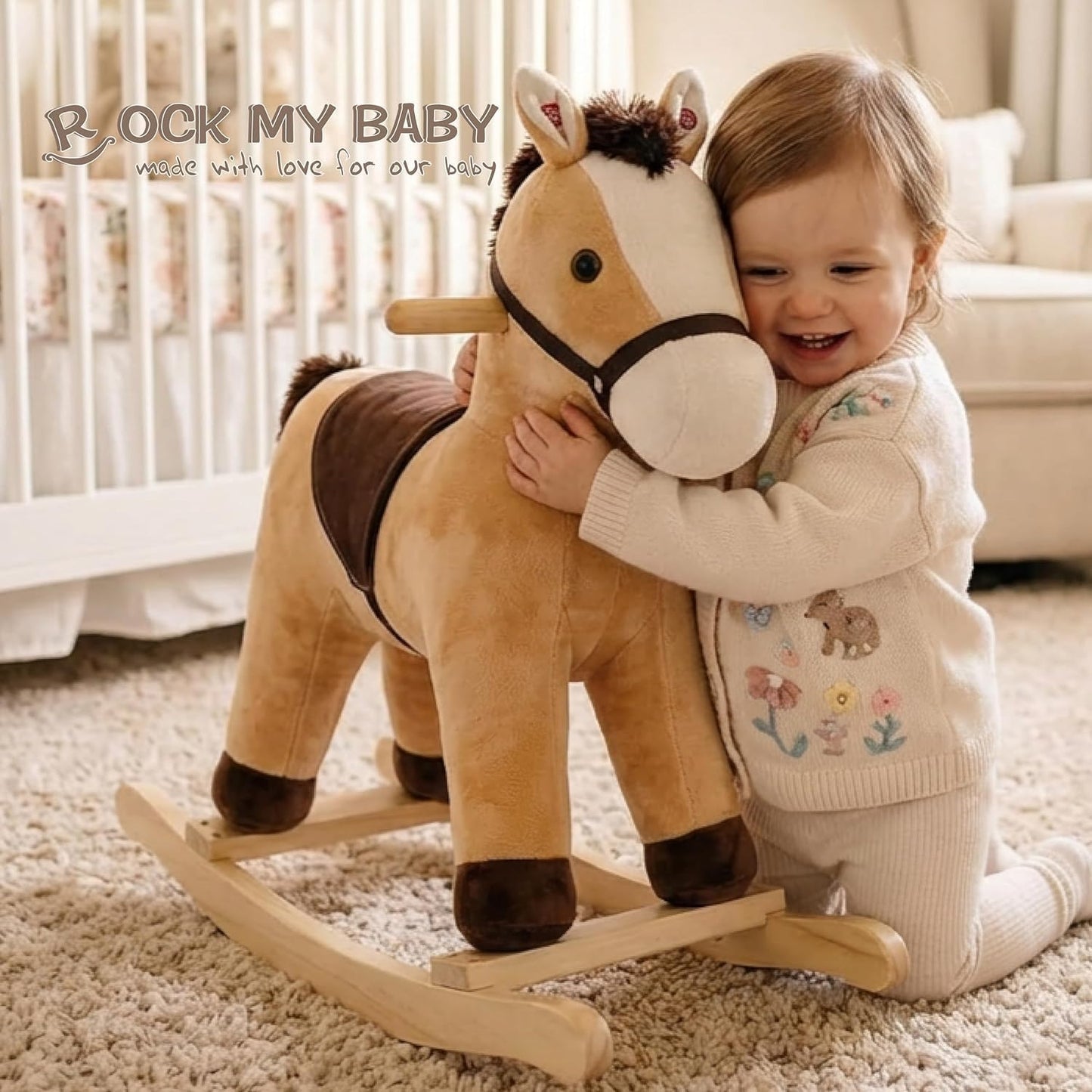 Rock My Baby Rocking Horse, Grey Wooden Horse with Sound Effects,Ride-on Toy,Balance Toy (Light Brown)