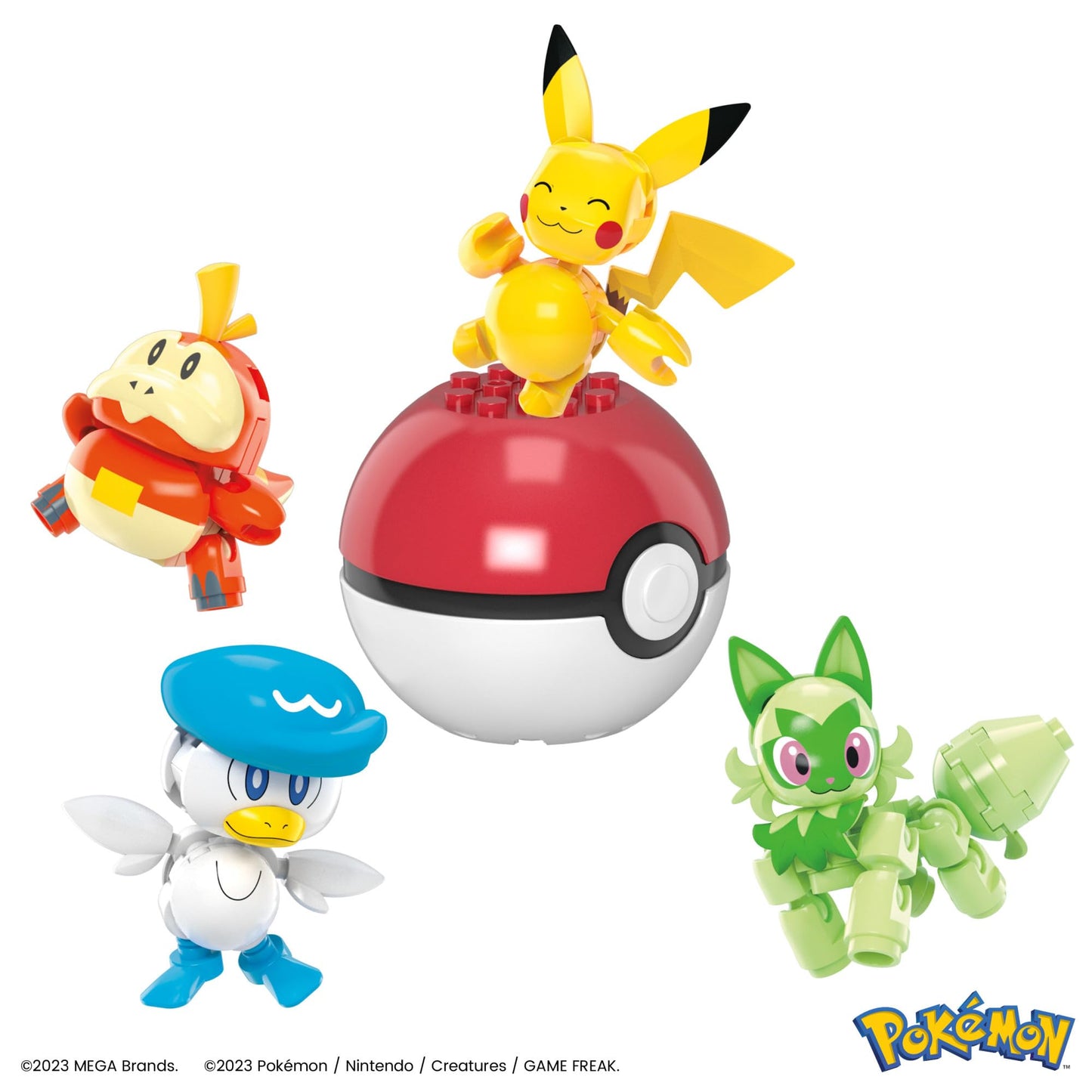 MEGA Pokémon building toys featuring Pikachu, Fuecoco, Sprigatito, Quaxly, and a Poké Ball, 79 pieces, by Mega Brands.